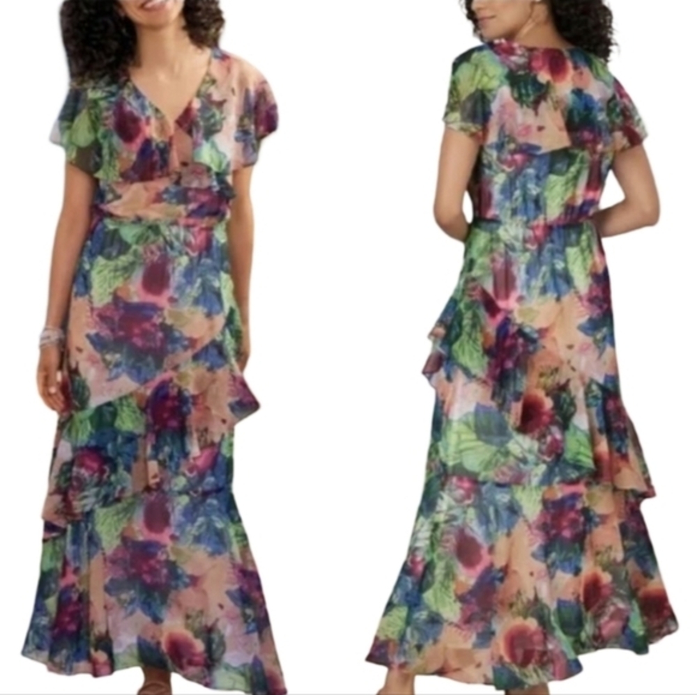 Soft Surroundings Ambrosia Tiered Maxi‎ Dress Planterly Floral Women Medium